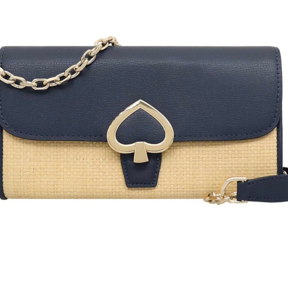 NEW* Kate Spade Robyn Straw HandBag Nightcap Flap Chain Wallet Clutch Navy Logo